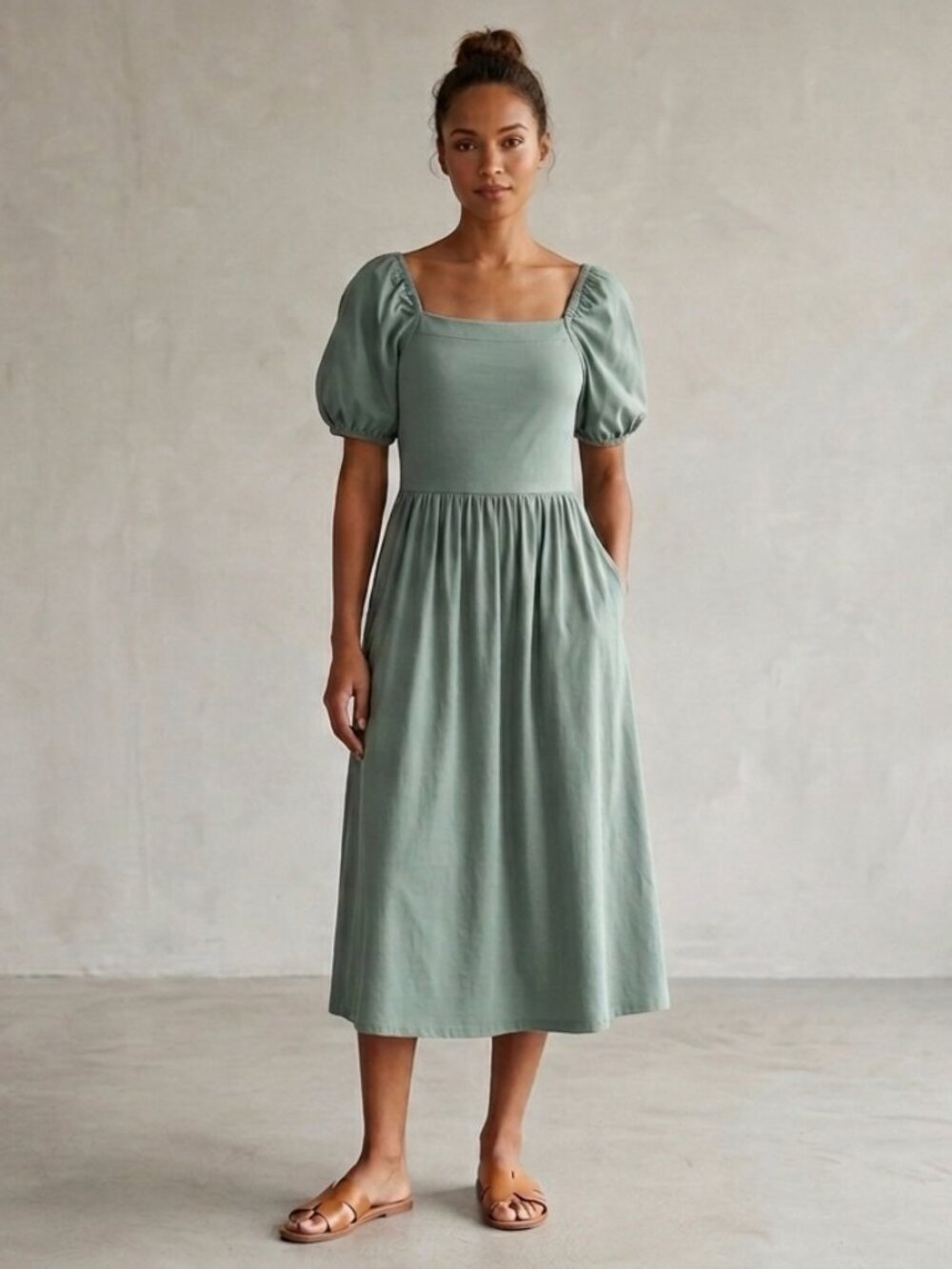 DownEast Square Neck Smocked Puff Sleeve Midi Dress w/ Pockets - M - Sage Green